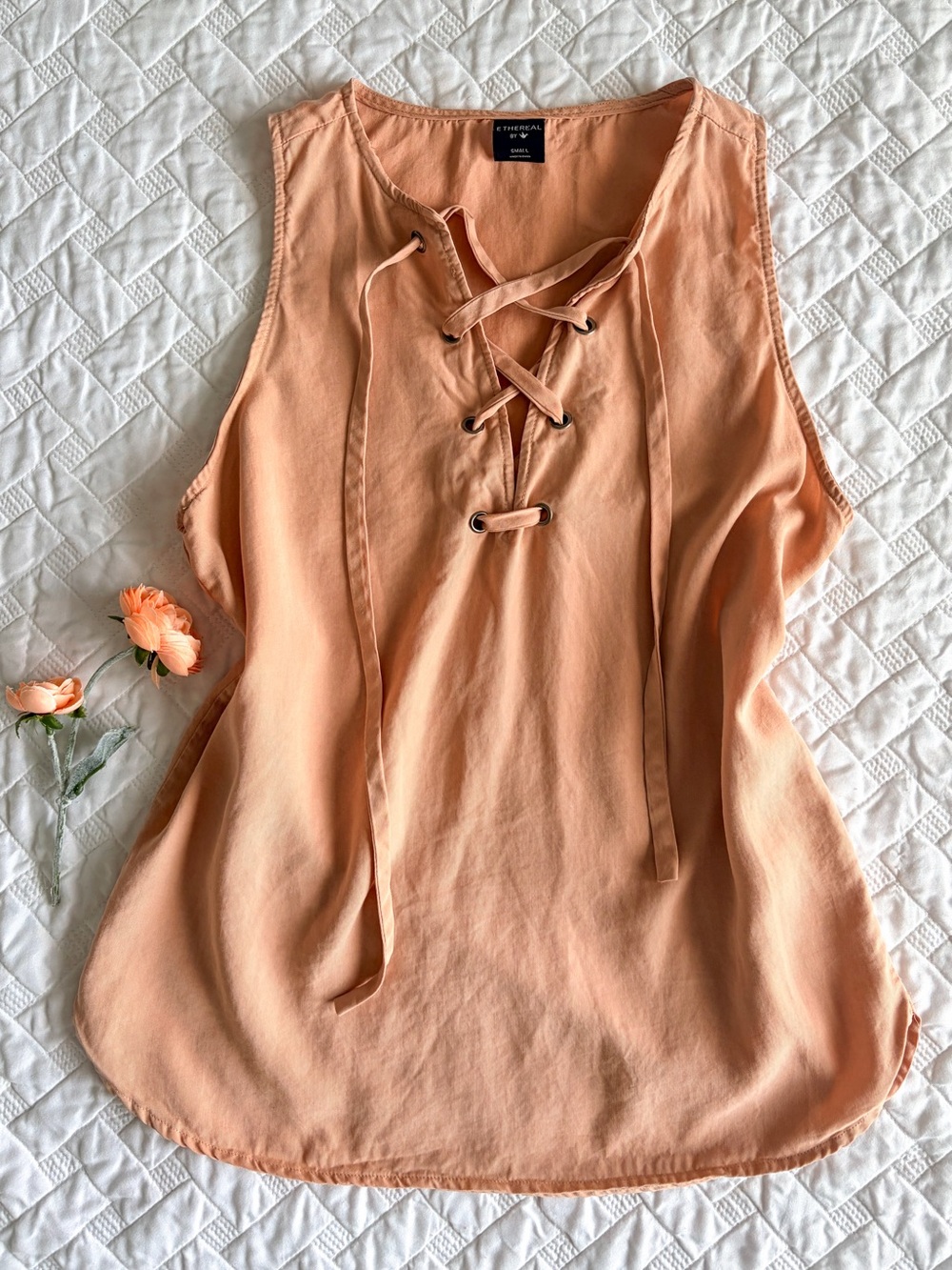 Ethereal by Paper Crane Lace Up Sleeveless Top S Terracotta Peach Tencel Tank